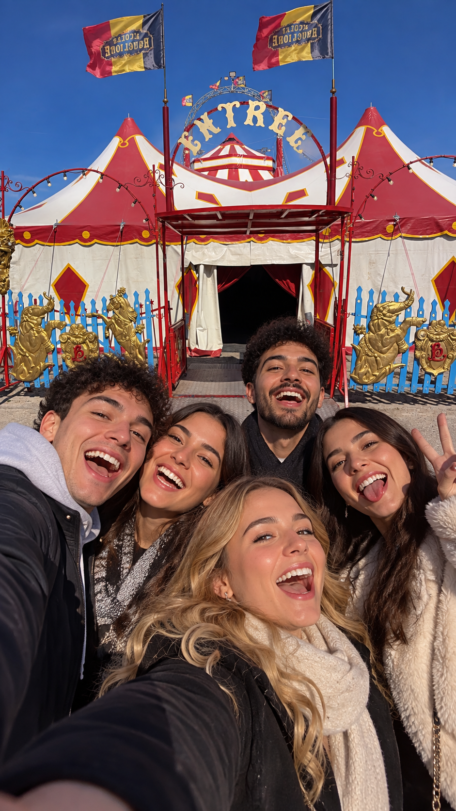 Des spectateurs heureux devant l'entrée du Cirque Nicolas Bouglione