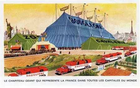 Carte postale du chapiteau géant Bouglione, représentant la France dans les capitales du monde