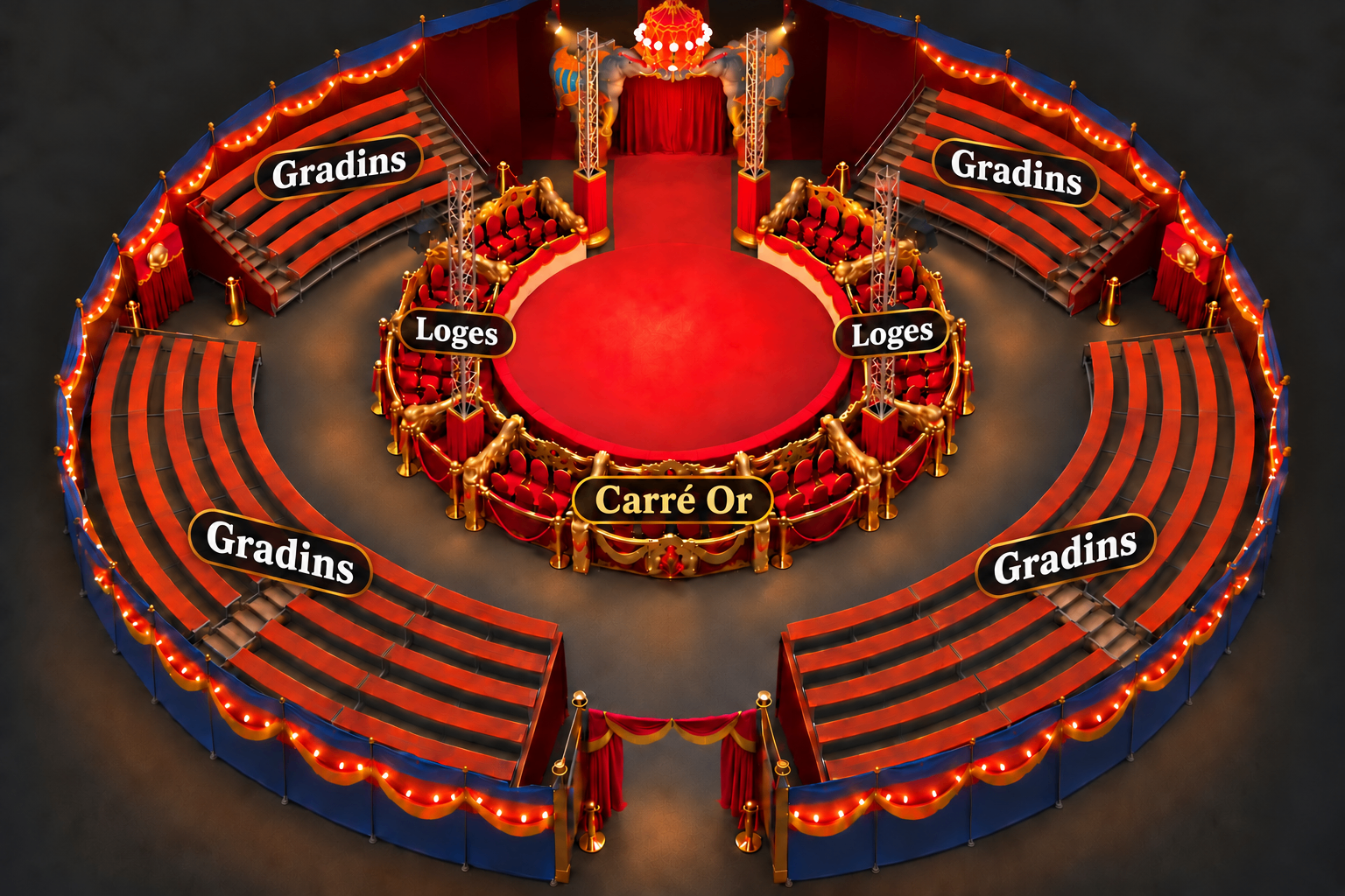 Plan du chapiteau du cirque Nicolas Bouglione à Rocourt — catégories Gradins, Loges, Carré d'Or autour de la piste